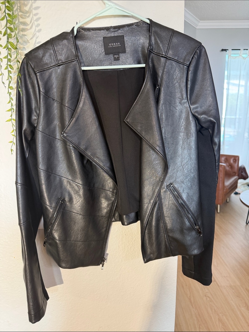 GUESS Black Faux Leather Asymmetrical Zip Jacket